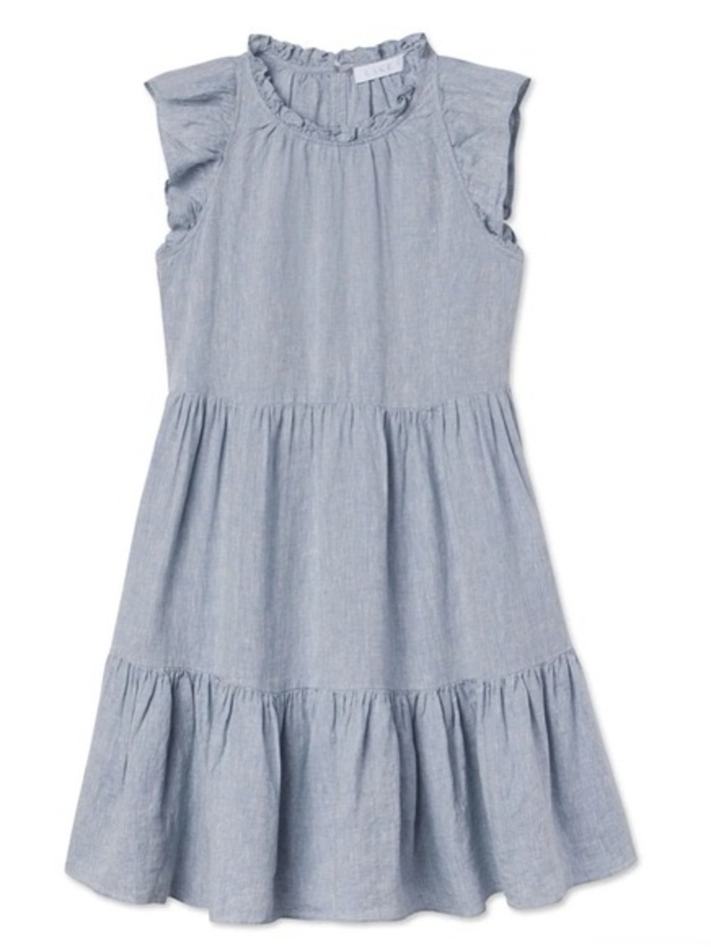 Lake Helen Tiered Flutter Cap Sleeve Dress in Blue Linen